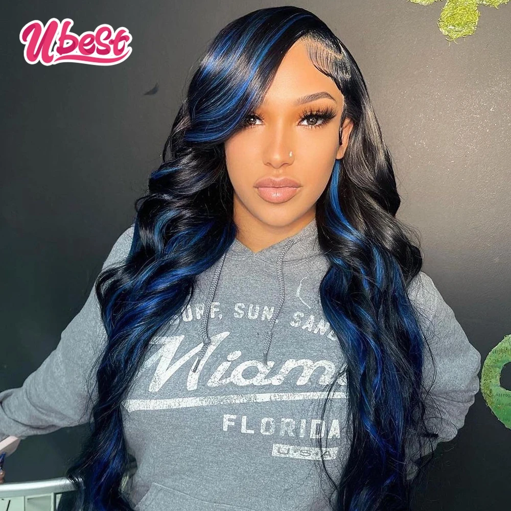 Ubest 30 Inch Blue Splice Color Body Wave Lace Front Human Hair Wigs For Black Women Lace Frontal Wig 30 Inch 13x4 Closure Wig
