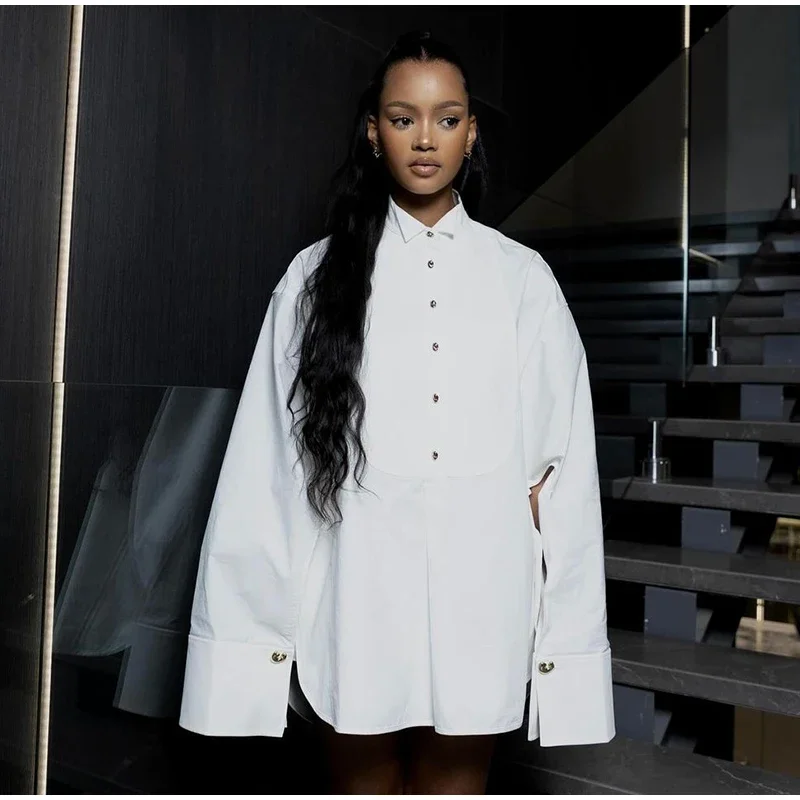 Casual Women's Loose Shirts White Raglan Sleeve Lapel Single Breasted Blouses 2025 Spring Office Lady Fashion Y2K Street Tops