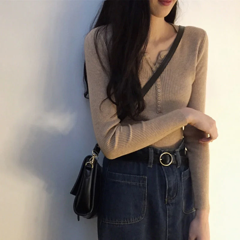 

Pullover autumn sweater breasted V-neck long sleeved knitted bottom shirt for women 2023 solid sweater pullover female tops