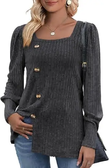 Shirt for Women 2023 Autumn and Winter Fashion New Button Square Neck Long Sleeve Top Solid Color Casual T-Shirt