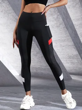 Pantaloni da yoga a vita alta in rete colorblocked con tasche laterali Leggings per donna Leggings modellanti per allenamento con controllo della pancia