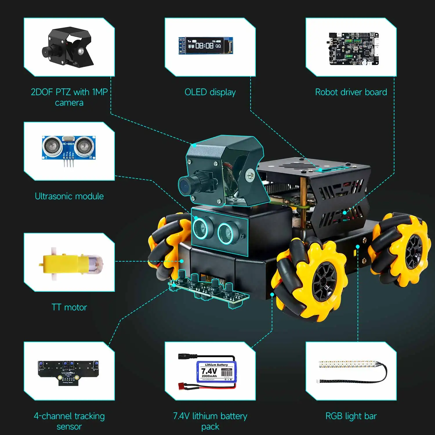Yahboom 4WD Raspbot V2 AI Robot Car Kit Based on Raspberry Pi 5 for Beginners Educational Toy ROS2-Humble Python Programming Set 2