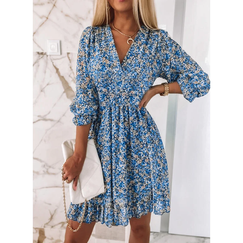 Spring Mini Dresses For Women Summer New Casual Loose Long Sleeve V-Neck Beach Sundress Ladies Short Party Dress 2022