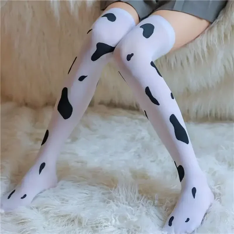 Fun Cow Pattern Long Tube Stockings High Waist Knee High Spot Patterned Socks in Milk White Color for Special Occasions