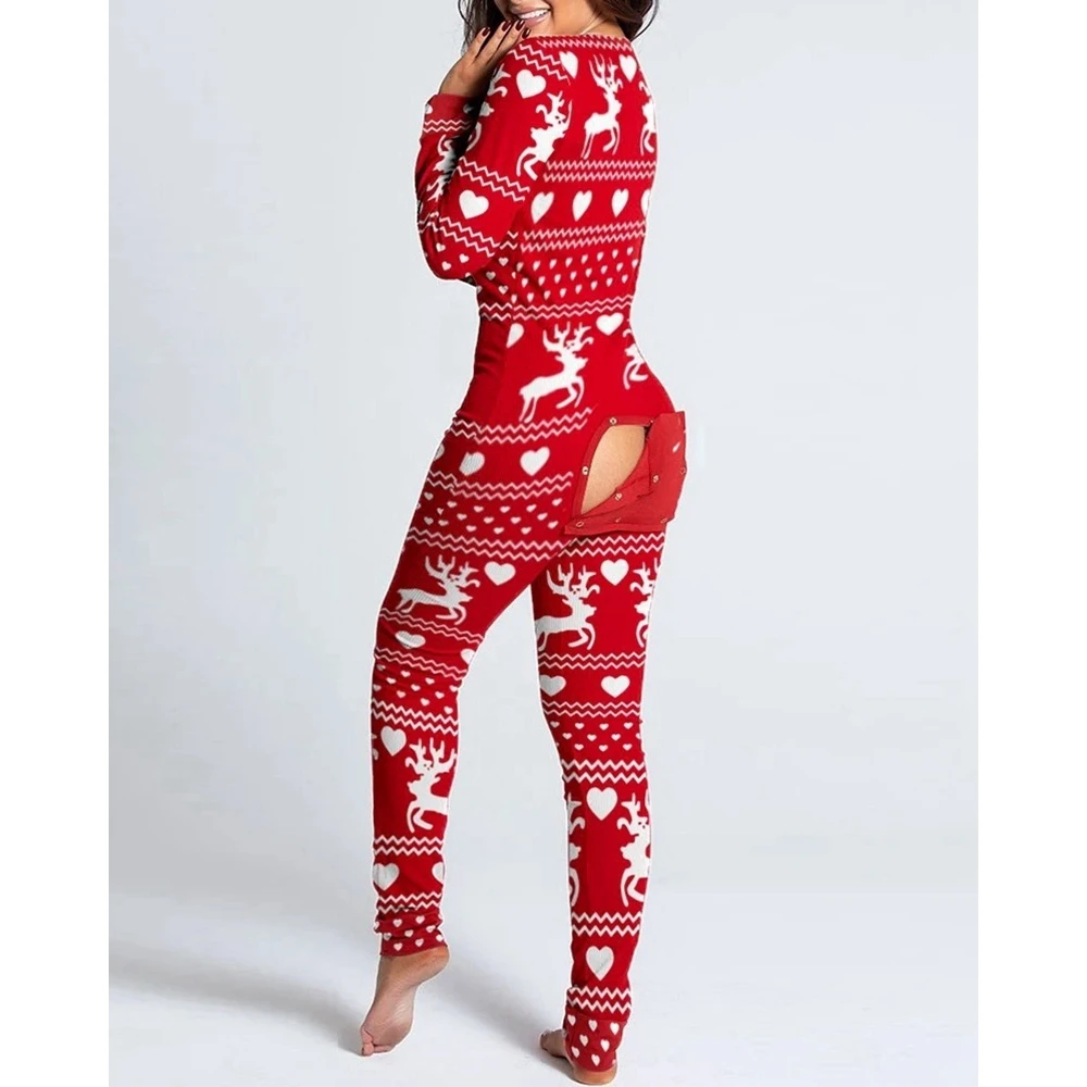 Fashion Women's Snowflake Elk Print Button Front Slim Jumpsuit Sexy Long Sleeve V-Neck Adult Onesie for New Year Christmas