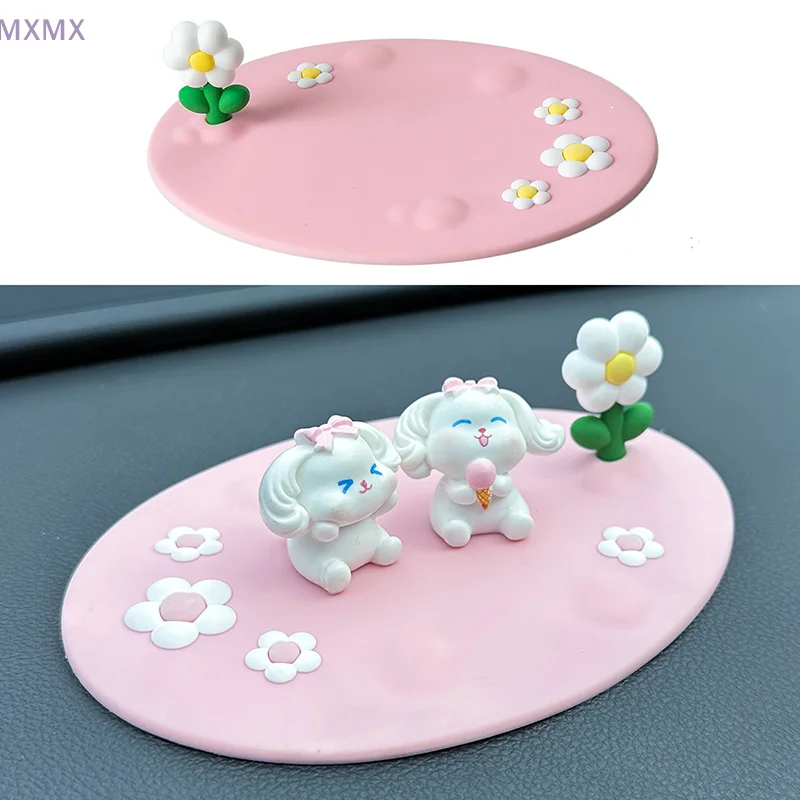 Cute Flower Four-leaf Clover Car Center Console Non-slip Mat PVC Strong Adsorption Phone Fix Mat Storage Pad Interior Ornament