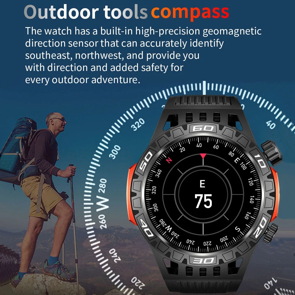 Outdoor Military Smart Watch Men's With LED lighting Bluetooth Call Smartwatch 3ATM IP68 Waterproof Compass Sports Fitness Watch