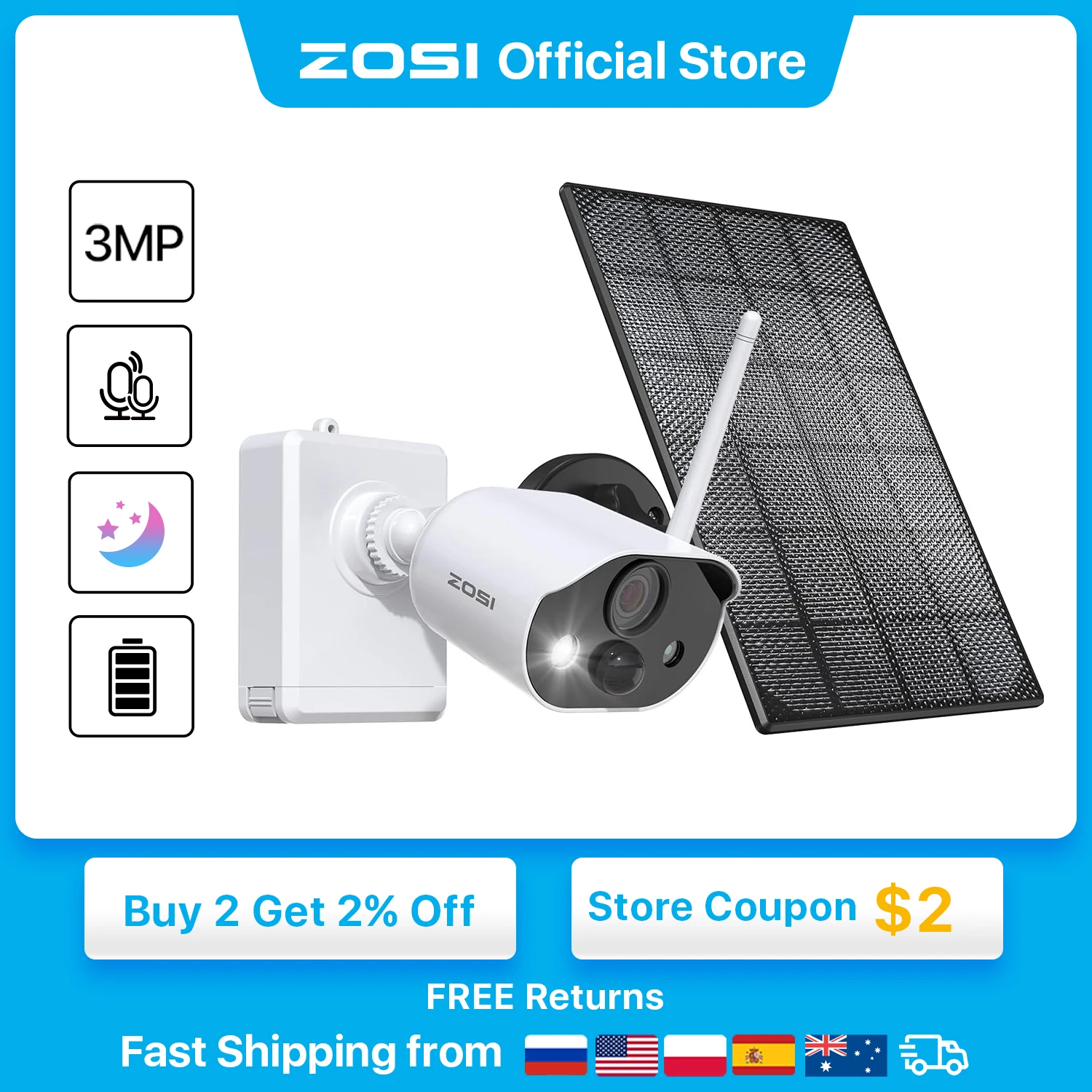 

ZOSI солнечная панель аккумуляторная батарея беспроводная камера WiFi 2K 3MP Full HD наружная домашняя камера наблюдения камера Двусторонняя аудио PIR