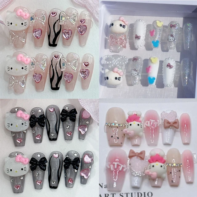 10pcs Sanrio Hello Kitty Fake Nails Ins Handmade New Cute Cartoon High-End  Manicure Sweet Girl False Nails with Wearing Tool