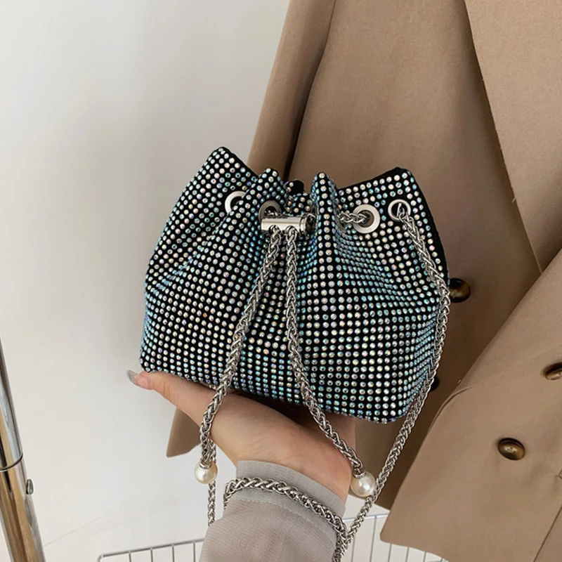 

Женская модная сумка-ведро со стразами, женская сумка на плечо с жемчужной цепочкой в стиле ретро, блестящие маленькие сумки через плечо, женские сумки