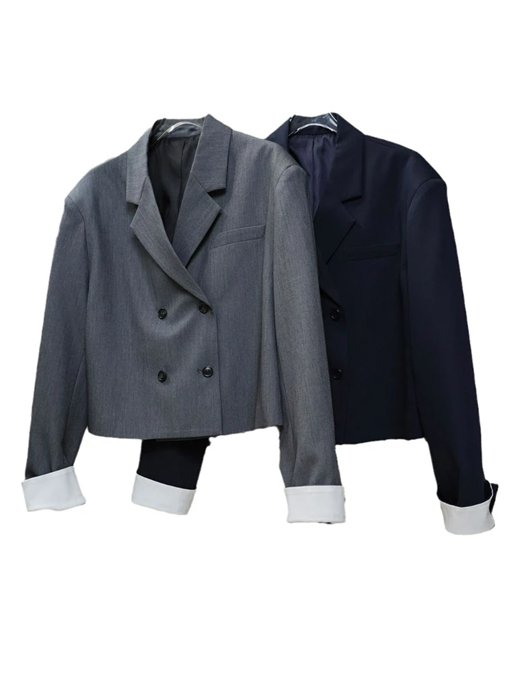 [LANMREM] Fashion Contrast Color Short Blazers For Women Solid Double Breasted Office Lady Jackets 2024 Spring New 26D8614