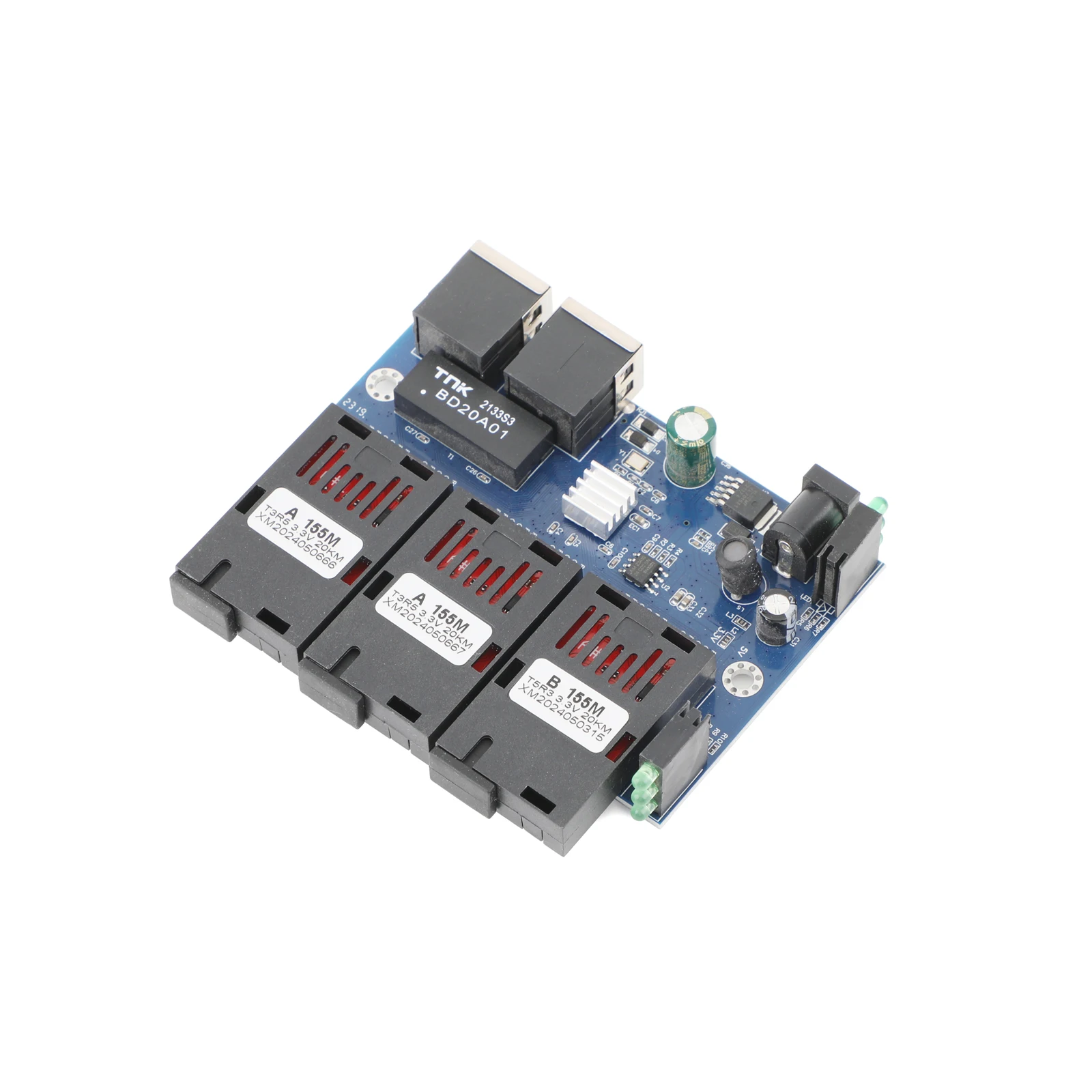 1*10M/100M Fiber Optic Media Converter 2 RJ45 to 3 SC 2A+1B Optic Connector 1310nm/1550nm Ports PCBA Board 20KM Ethernet Switch