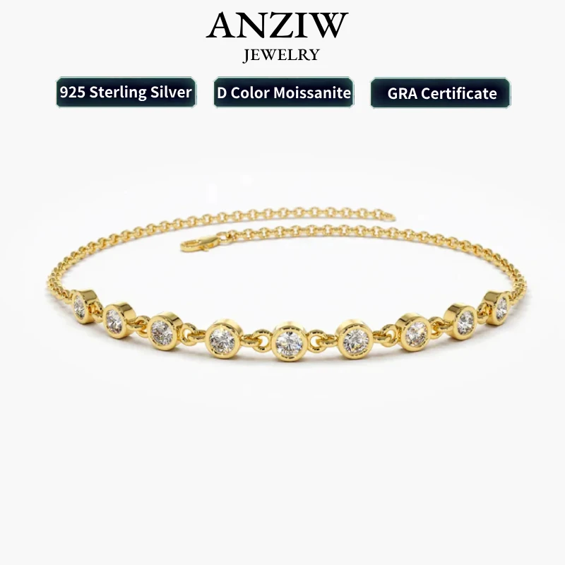 

Anziw New 925 Silver Bracelet Certified 3mm Round Cut D Color Moissanite Bubble Bracelet for Women Bezel Setting Jewelry Gifts