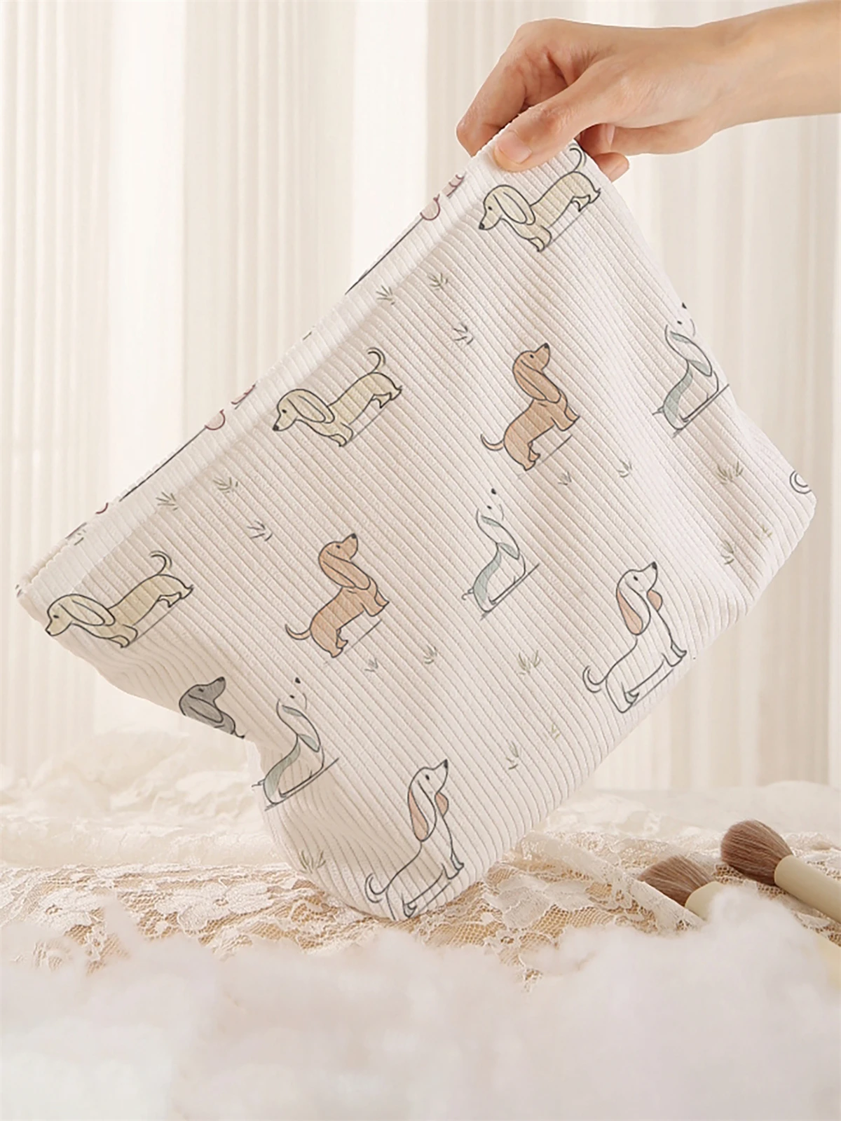 1pc cartoon dog pattern printed corduroy makeup bag, lightweight zipper makeup storage box, multifunctional bag with lining