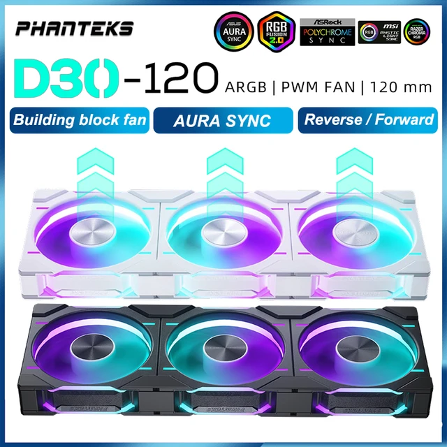 Phanteks D30-120 120mm ARGB Case Fan Regular/Reverse Airflow 4PIN PWM Water  Cooling Fan Four-Sided Wireless Splicing