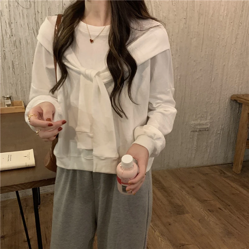 Boring Honey Fake Two Piece Pullover Sweatshirts Loose And Comfortable Round Collar Solid Colors Shawl Hoodies Women Blouses