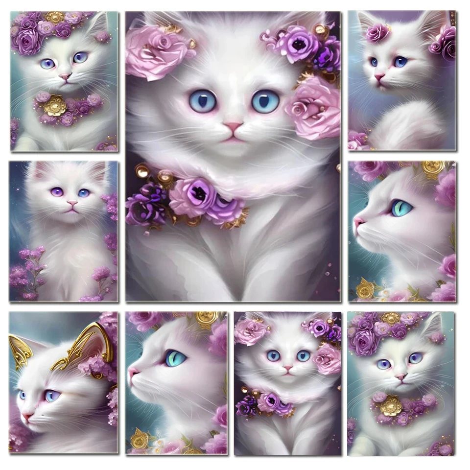 

Алмазная 5D картина «сделай сам», милые белые котята, розы, полная яркость, белые Коты, мозаика, вышивка крестиком, домашний декор Y927