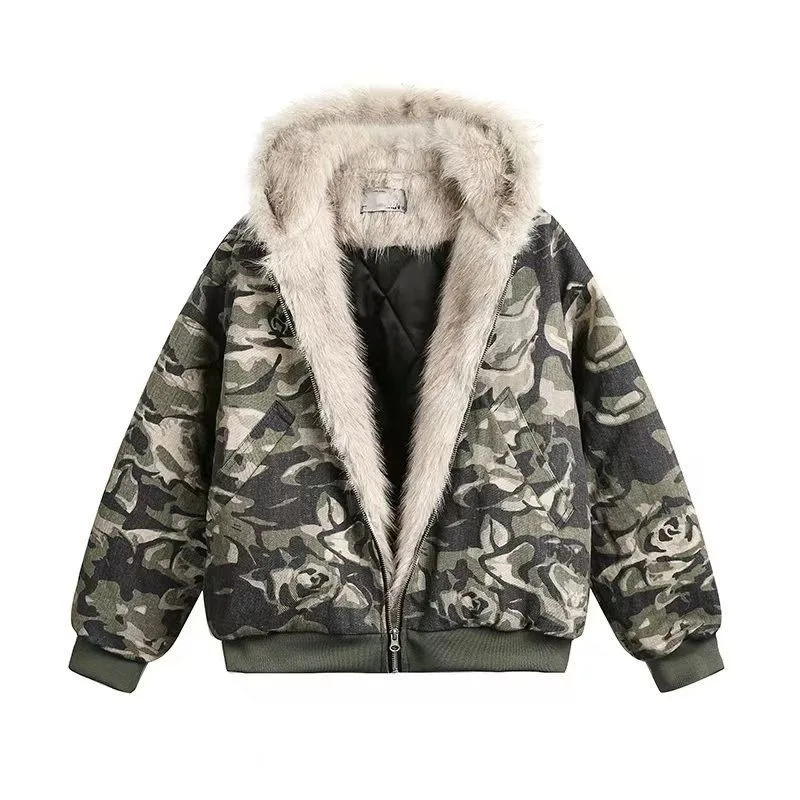 American New Fashion Camouflage Fur Collar Padded Jacket Men Y2K Vintage Hip-hop Pop Punk Baggy Hooded Couples Casual Coat 5