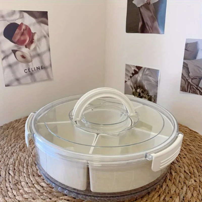 1pc 360° Rotating Snack Organizer with 6 Compartments,Leakproof Lid,Ergonomic Handle, Space-Saving Design for Fruits/Nuts/Candy