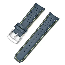 Genuine Leather Arc Curved End Watch Band, 22mm 23mm, in Premium Cowhide - 22mm (Blue yellow silver)