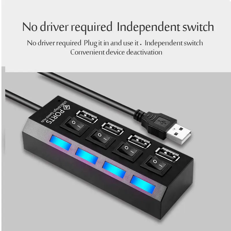 USB 2.0 허브 멀티 USB 분배기 허브 전원 어댑터 사용 4/7 포트 다중 확장기 USB 허브(스위치 포함) 30CM 케이블