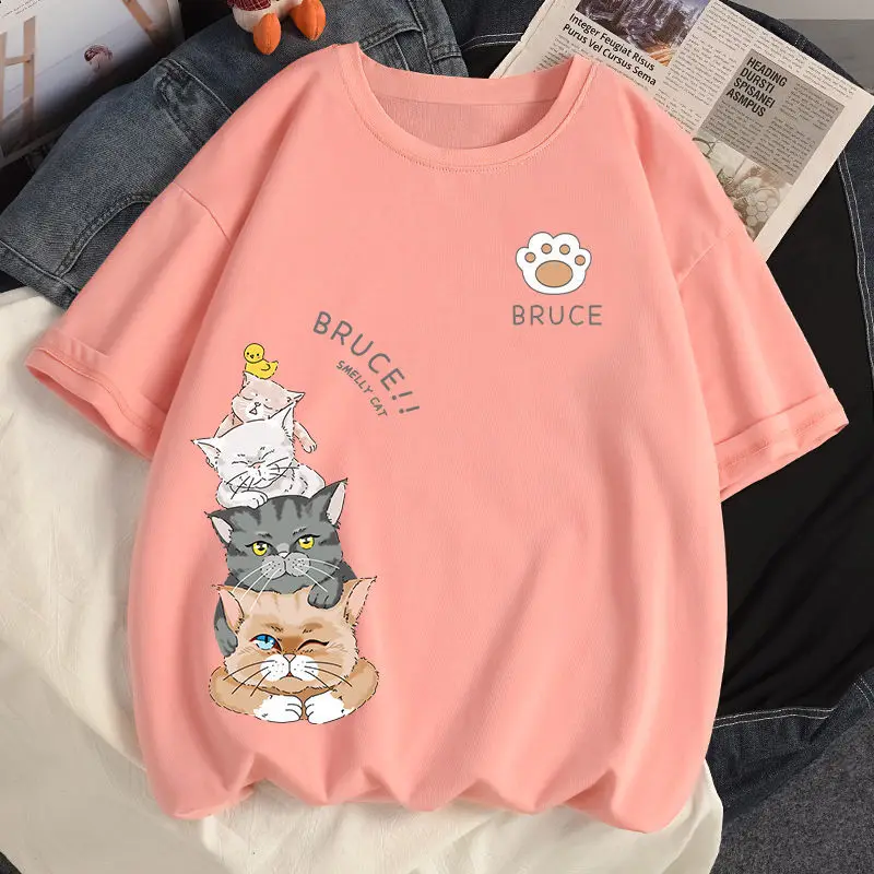 Cotton Cute Cat T Shirt Loose Size Short Sleeve T-shirt Summer Girl Student Top Tees T-shirt Women Clothing Plus 35-100kg petite maternity clothes Maternity Clothing