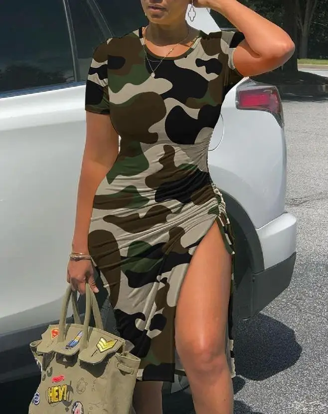 

2024 Women's Knee Length Skirt Camouflage Printed Drawstring High Slit Round Neck Tropical Cool Sexy Dress