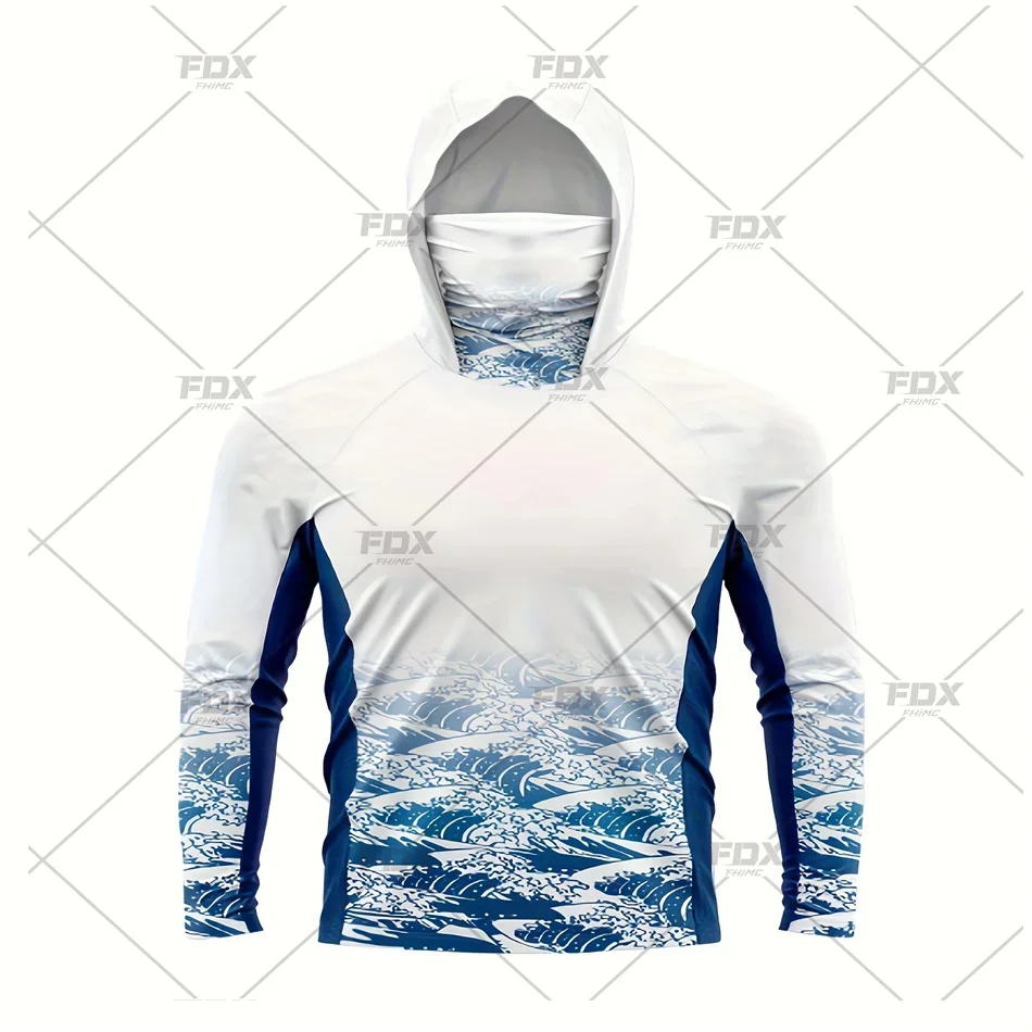 Fishing Shirt Fishing Clothes Army Green Camo Colorful Hoodie with Face Mask UV 50+Gaiter Fishing Clothing Men's Long sleeved Breathable Quick Drying T-shirt