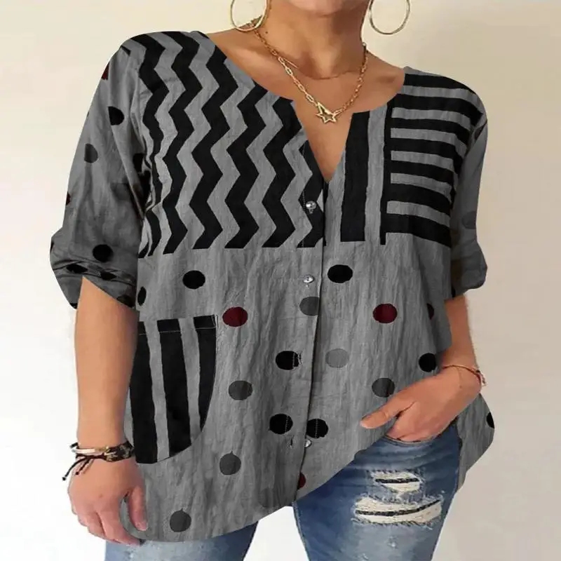 

Plus Size Women's V-neck Long Sleeve Polka Dot Graphic Top