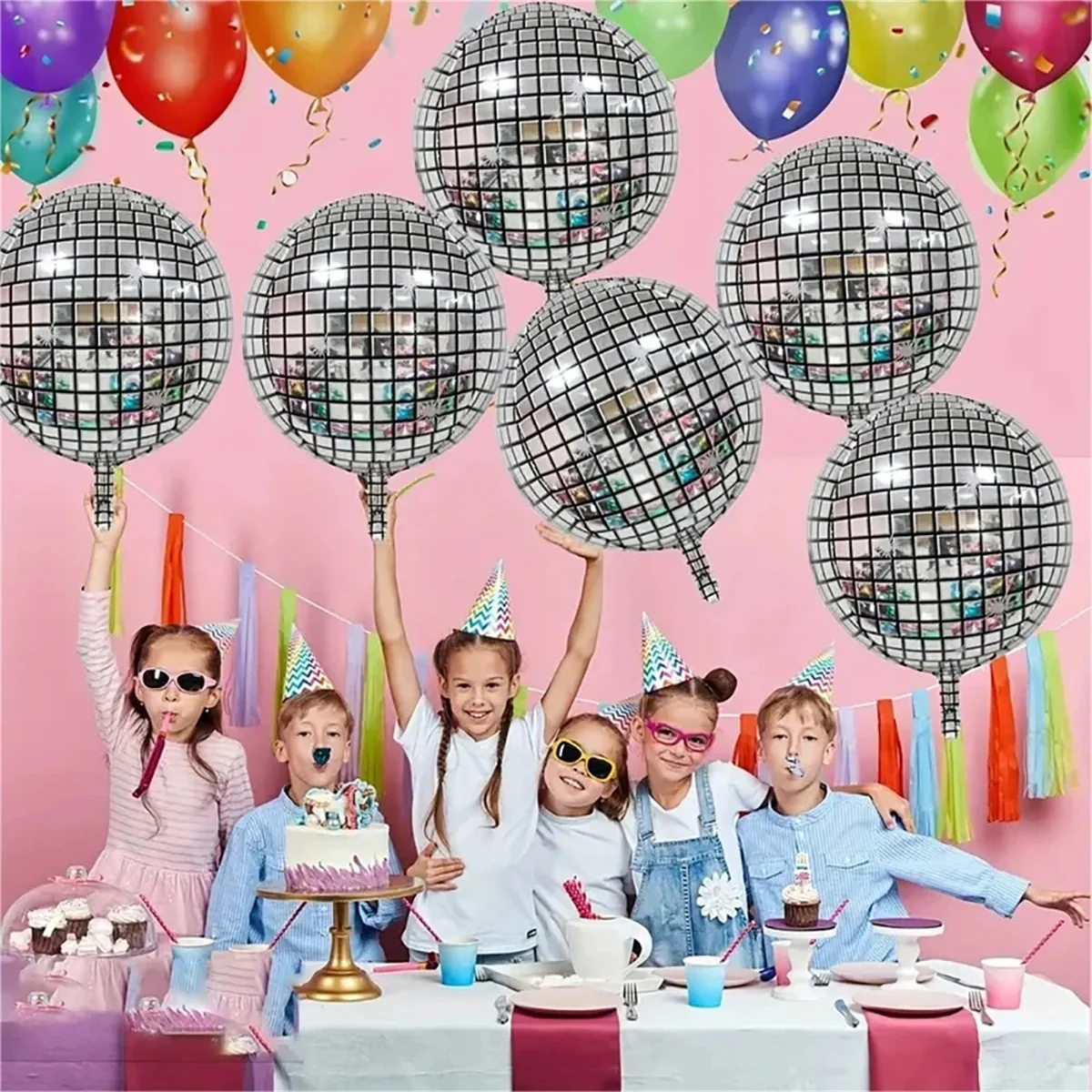 Set of 6 Large 22-Inch 4D Silver Laser Disco Balloons