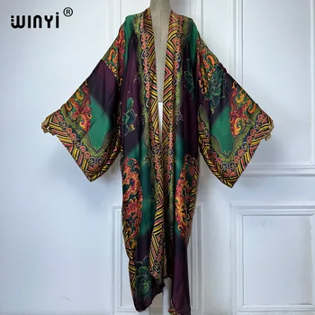 WINYI Africa boho print Kimonos long dresses for woman Cardigans beach outfits kaftan beach cover up evening dress maxi coat 1