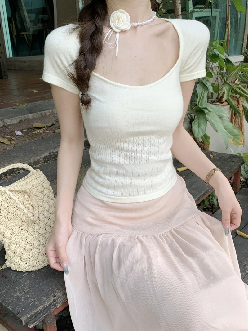 

Square Neck Knitted T-shirt Women Sexy Short Sleeve Slim Casual Top Tee