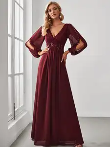 Женское шифоновое платье-трапеция ever pretty, элегантное вечернее платье с длинными рукавами-фонариками, V-образным вырезом, поясом и цветами, бордового цвета, для выпускного вечера, 2023