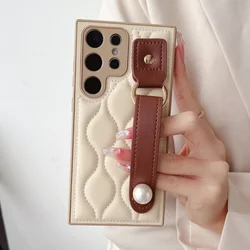 Luxury Retro Wave Down Jacket Case with Pearl Wrist Strap Holder - Protective Cover - S25 Plus (Milk Coffee)