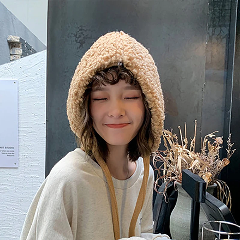 Winter Warm Plush Beanie Hat for Women Cute Ear Protection Lacing Strap Casual All-match Winter Cap Trendy Women's Headwear