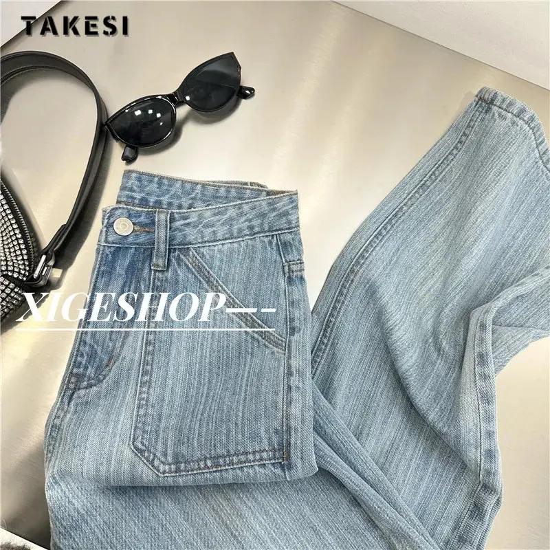 

Vintage Y2K High Waist Streetwear Style Blue Straight Jeans Pants Summer Korean Fashion Women's Wide Leg Baggy Denim Trouser