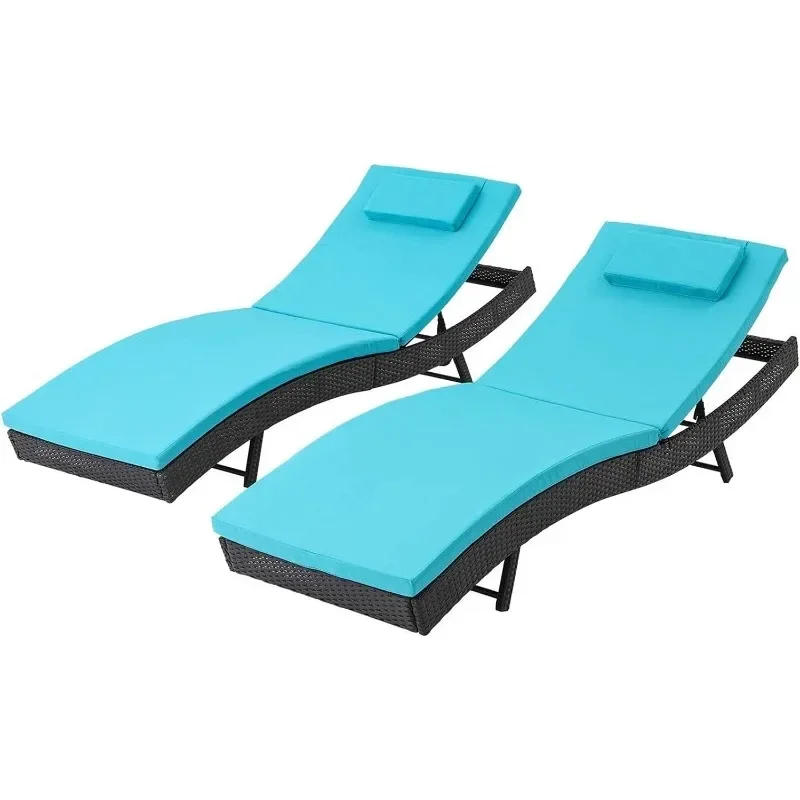 Outdoor Lounge Chair, Patio Wicker Adjustable Backrest Double Chaise Lounge with Thick Blue Cushion for Beach Pool Yard, 2 Pack