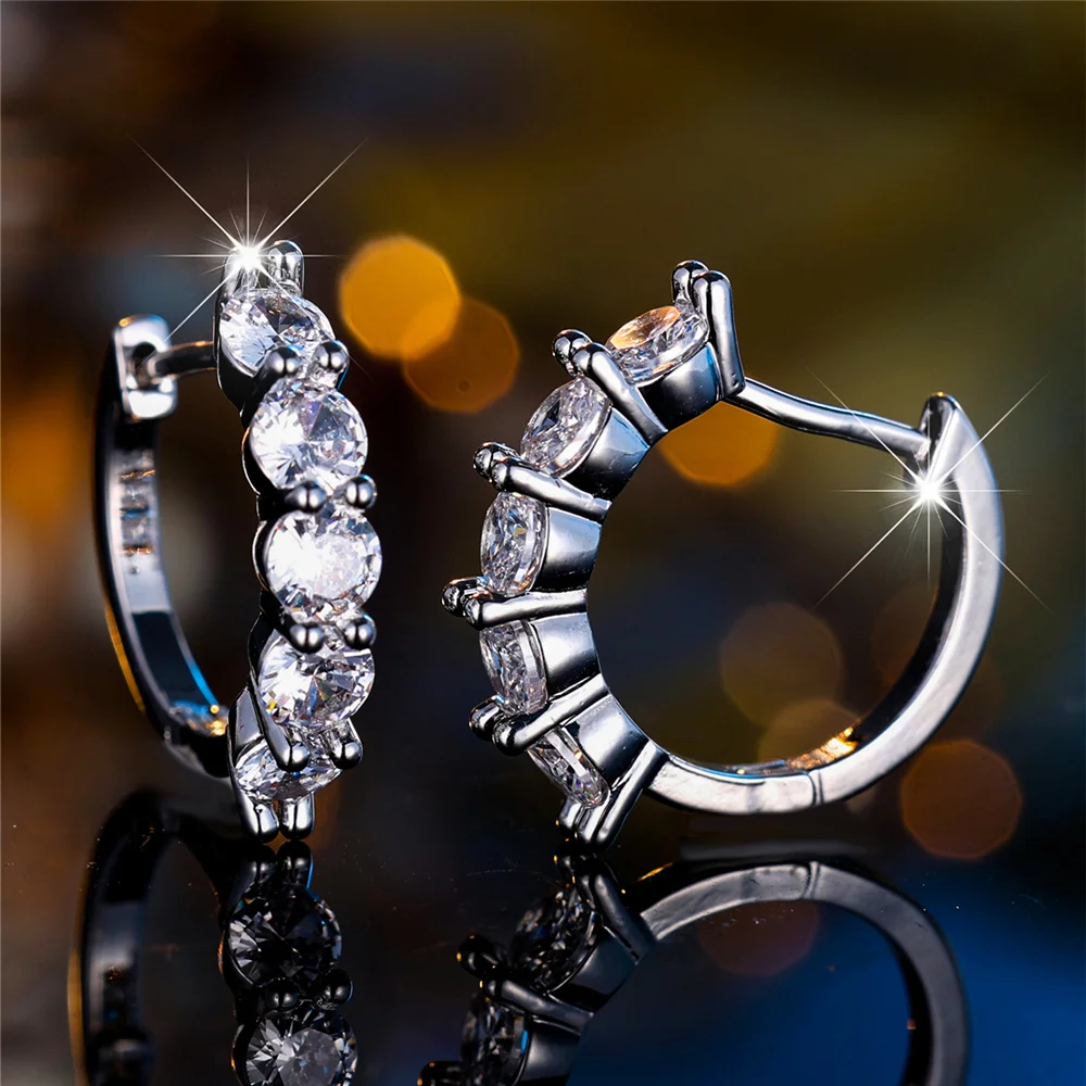 Crystal White Zircon Stone Round Hoop Earrings For Women Fashion Female Silver Color Wedding Jewelry