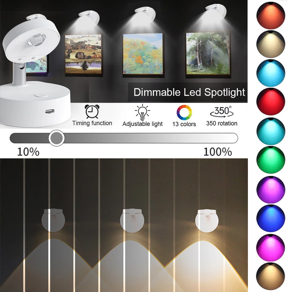 Wireless RGB Remote Spotlight Rechargeable Accent Lights LED Puck Lights Dimmable Timer Wall Lamp Uplight Angle Artwork Lighting 6