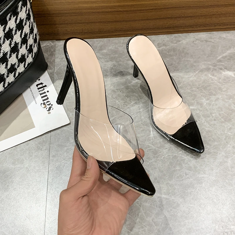 Mules à Bout Fermé Pour Femmes Talons Hauts Sandales à Talons Aiguilles à Bout Pointu En PVC Transparent Mode Classique Pour Robe De Soirée De Mariage Escarpins à Enfiler,34 EU