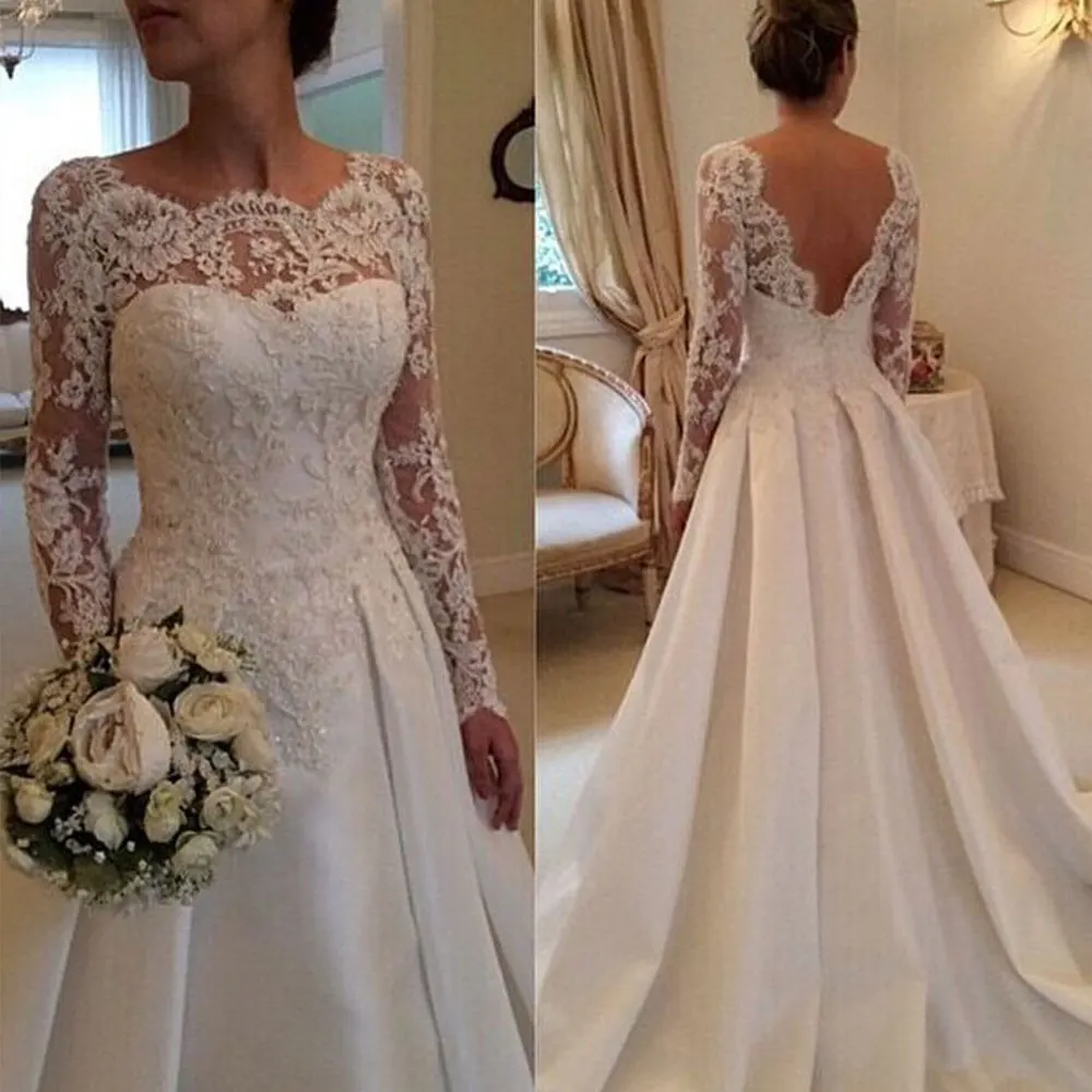 

Элегантное свадебное платье с открытой спиной 2023, винтажное свадебное платье, кружевные атласные платья невесты с длинным рукавом 2023, индивидуальный пошив, robe de Mariee