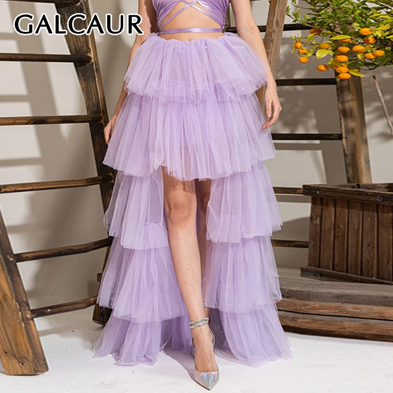 

GALCAUR Solid Patchwork Mesh Skirts For Women High Waist Spliced Ruffled Loose Folds A Line Maxi Irregular Summer Skirt Female