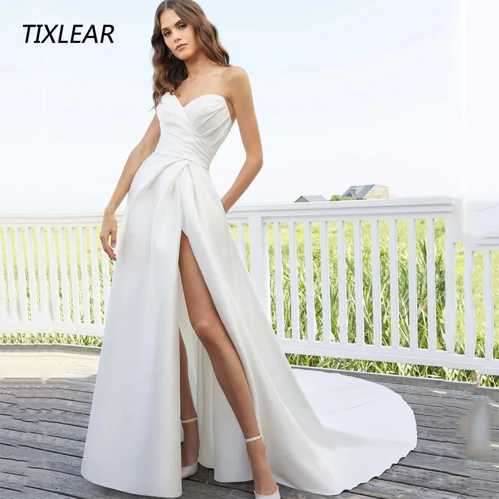 

TIXLEAR Simple Sweetheart Wedding Dress Side Split Sleeveless Backless Pleat Bridal Gown Button Floor Length Vestidos De Novia