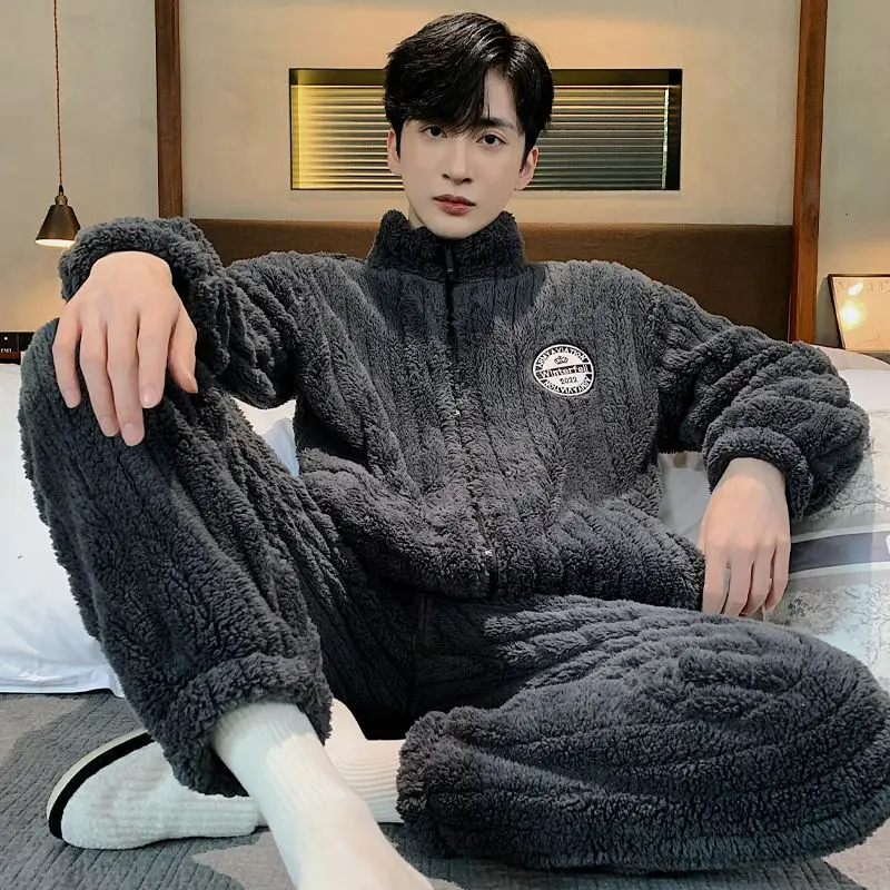 Luxury Brand Sleepwear Men Winter Warm Pajama Sets Zipper Long Sleeve Flannel Coral Fleece Thick Loungewear Loose Korean Pajamas