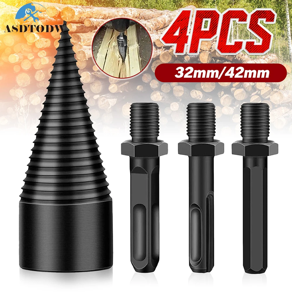 

4pcs Firewood Splitting Drill Bit, Square/Round/Hexagon Handle , 32/42mm, High Speed Steels Log Splitter Drill