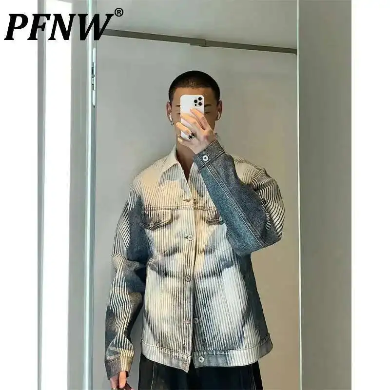PFNW Niche Striped Gradient Abs Digital Print Short Denim Jacket 2025 Tide Trendy Men's Spring Loose Causal Lapel Coat 28W5518 1