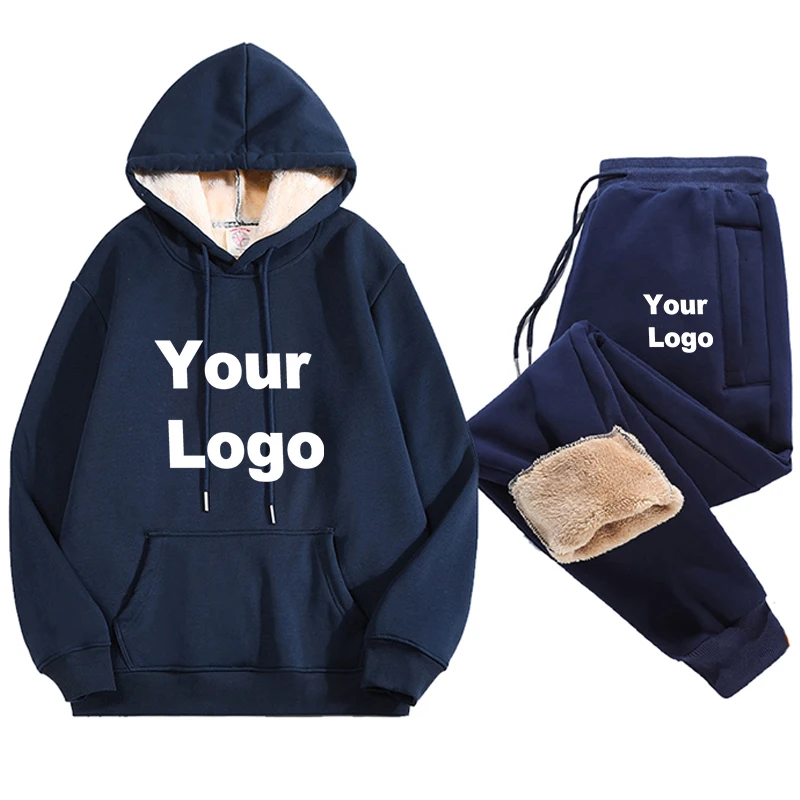Winter Men Women Custom Logo Sets Casual Warm Suit Thick Two Peice Sets Casual Streetwear Suit Y2K Thicken Hoodies Pants