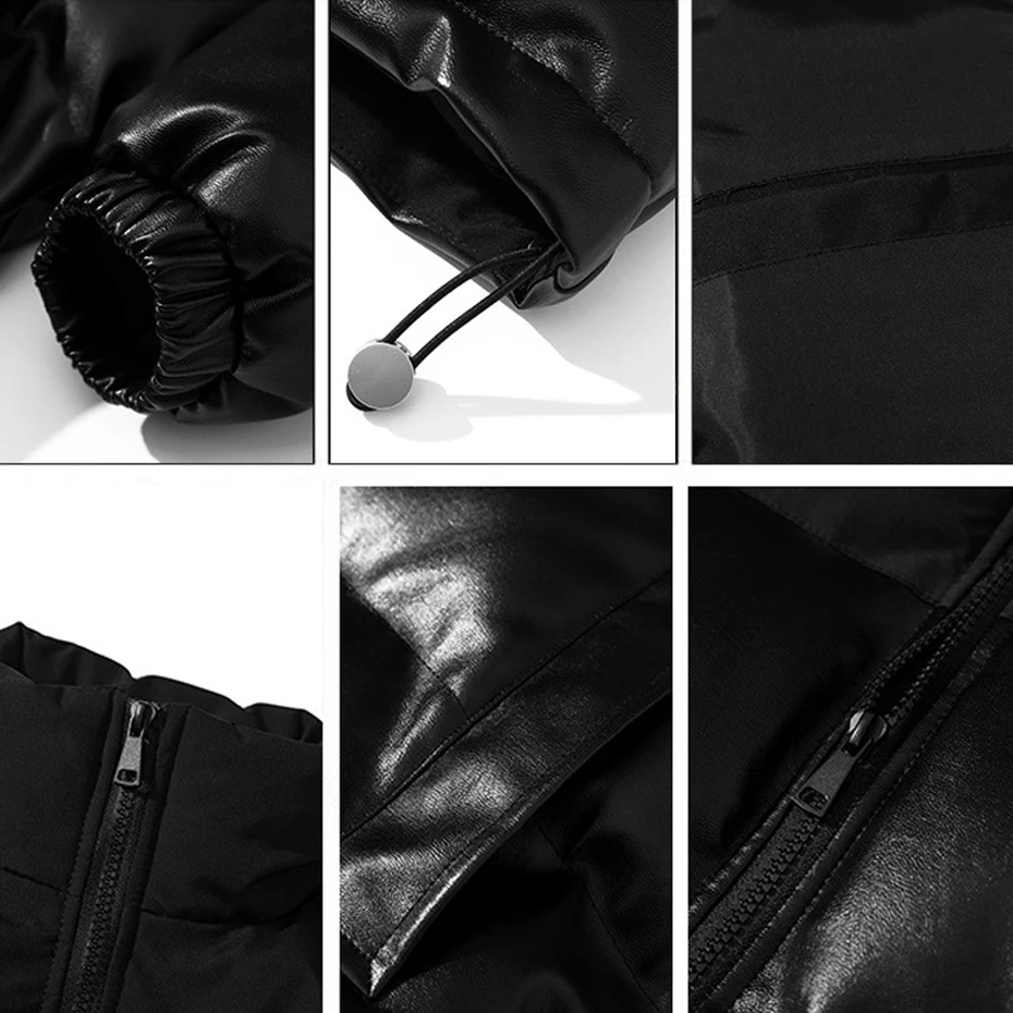 PU Parkas Men Winter Padded Jacket PU Coat Fashion Casual Solid Color Parkas Male Loose Style Stand Collar Parkas Black