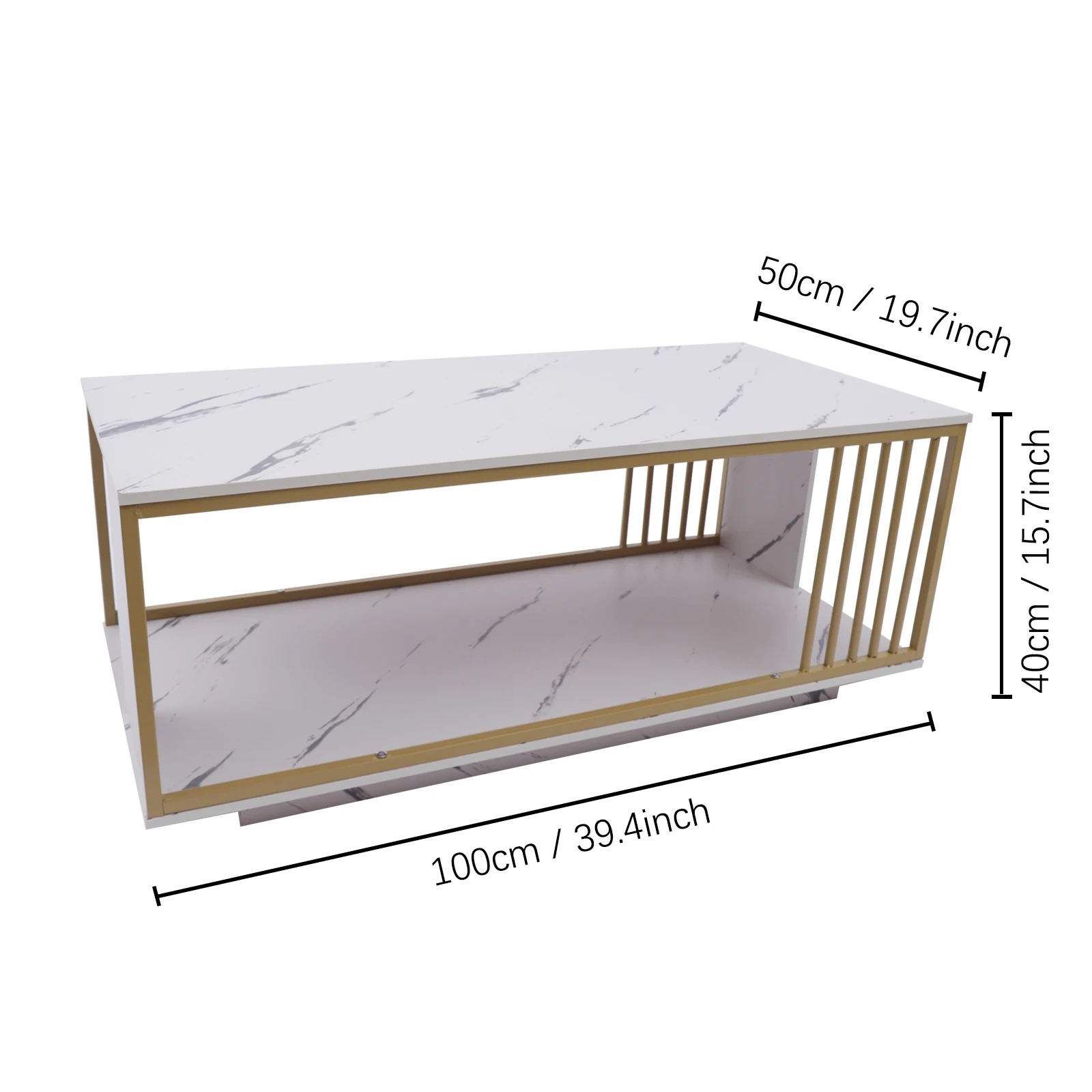 Modern Faux Marble Coffee Table 2 Tier Center TV Table Cocktail Sofa End with Gold Frame for Living Room