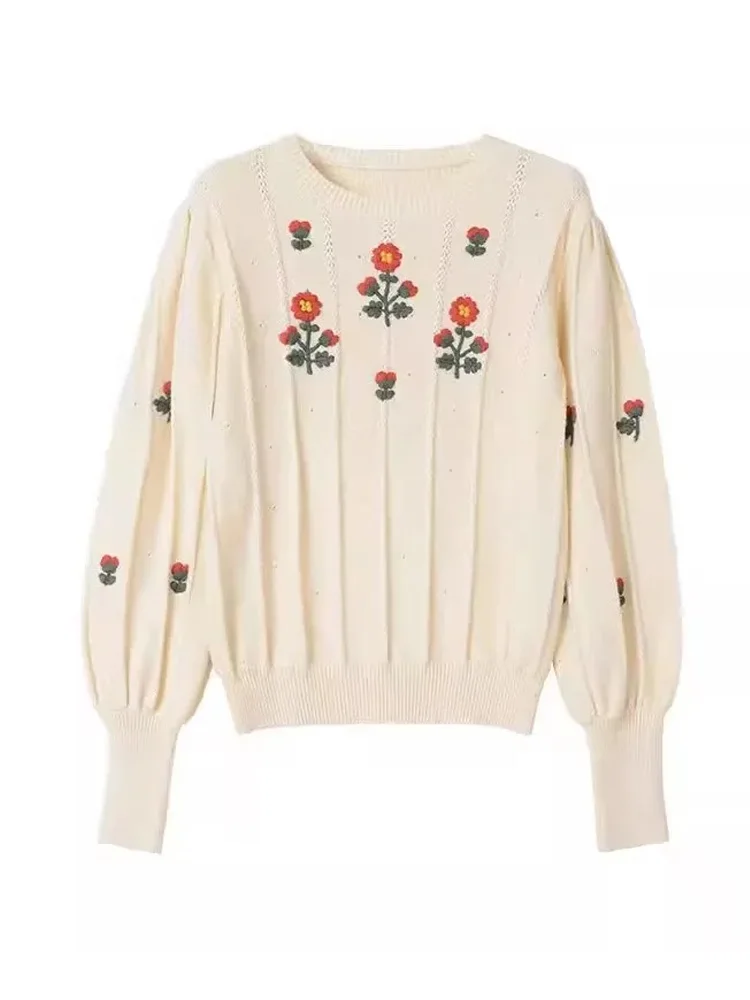 

Floral Embroidered Vintage Knit Sweater Pullover Women Lantern Sleeve O-neck Knitwear Tops 2024 Spring Elegant Chic Ladies Jumpe